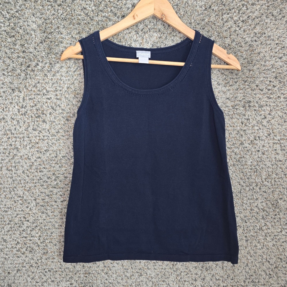 Chicos Top Womens 0 US Small Navy Blue Knit Scoop Neck Sleeveless Cotton Blend